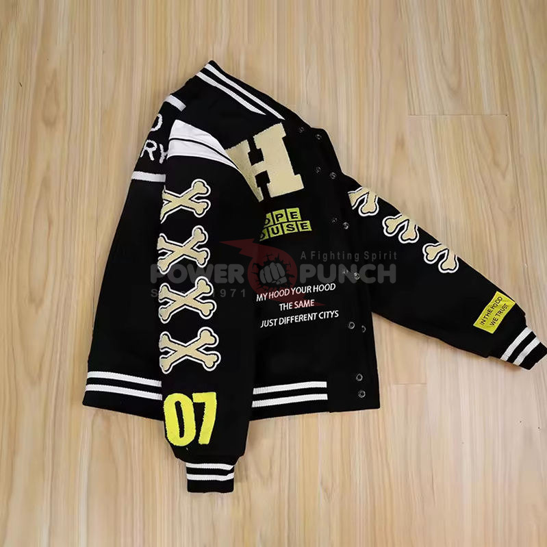Power Punch OEM Streetwear Varsity Letterman Jacket with Custom Embroidered Patches Angle 2