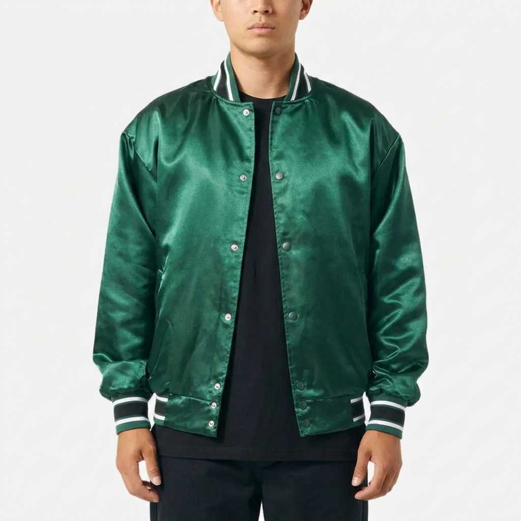 Power Punch Green Shine High Quality Silk Satin Bomber Jacket For Men Custom Design