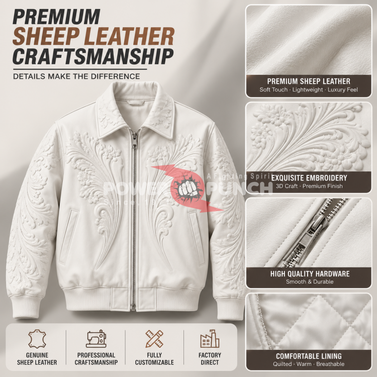 Power Punch OEM Private Label Sheep Leather Varsity Jacket Custom Logo Luxury Angle 2