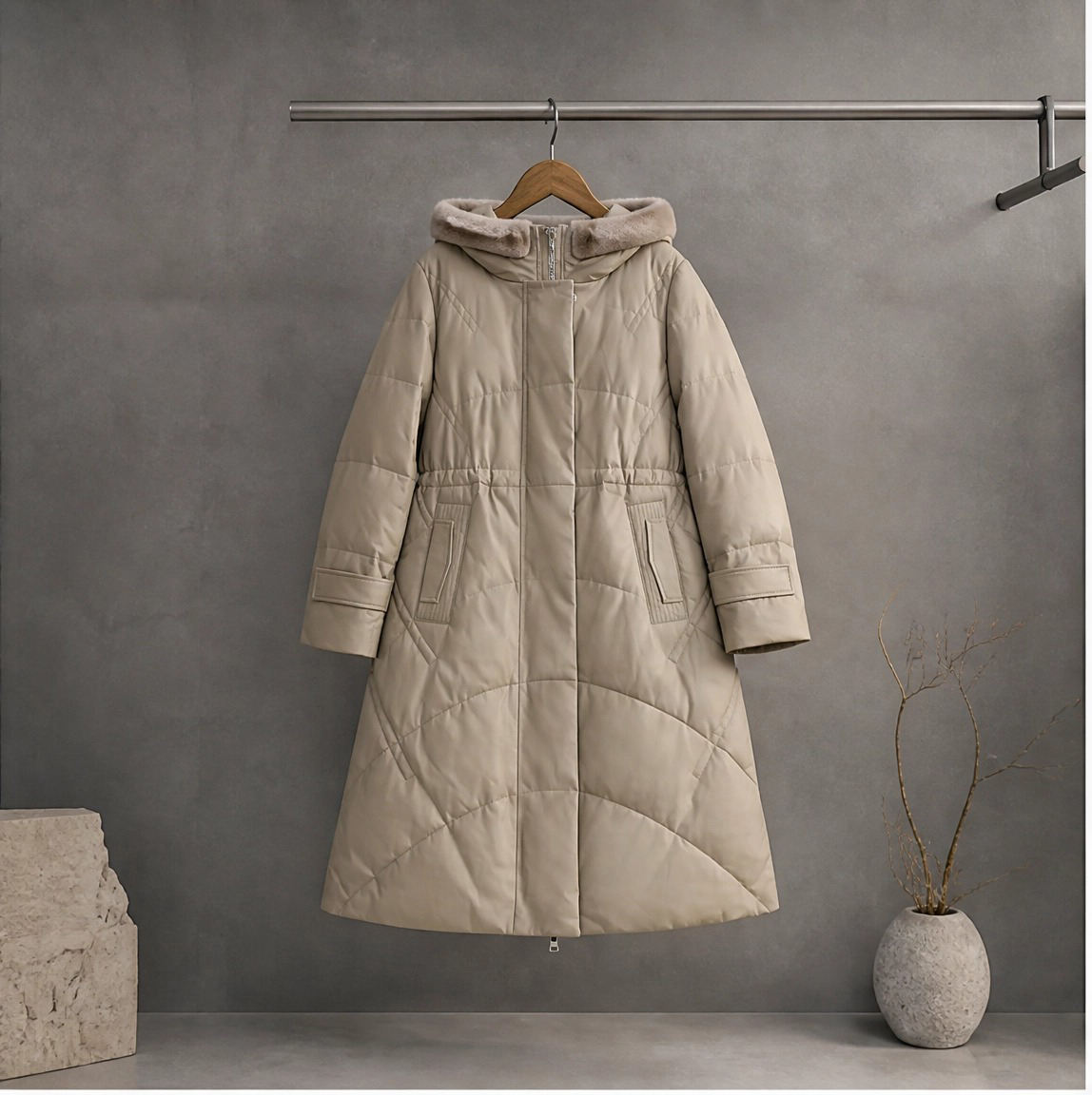 Power Punch Women's Hooded Leather Down Coat, Long Waist Cinching Puffer Jacket Angle 2