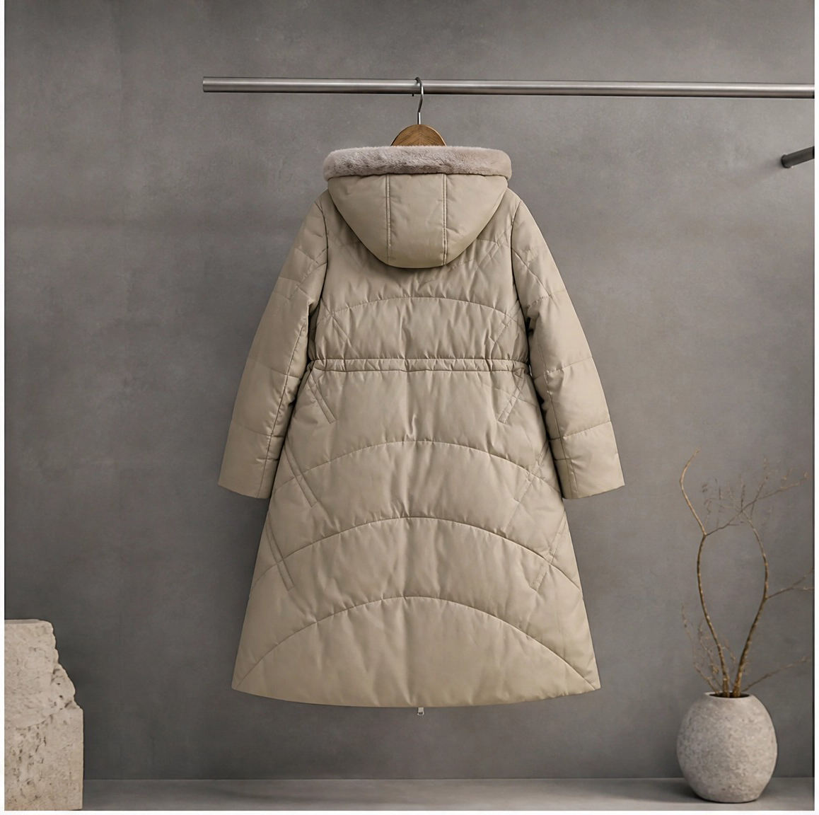 Power Punch Women's Hooded Leather Down Coat, Long Waist Cinching Puffer Jacket Angle 3