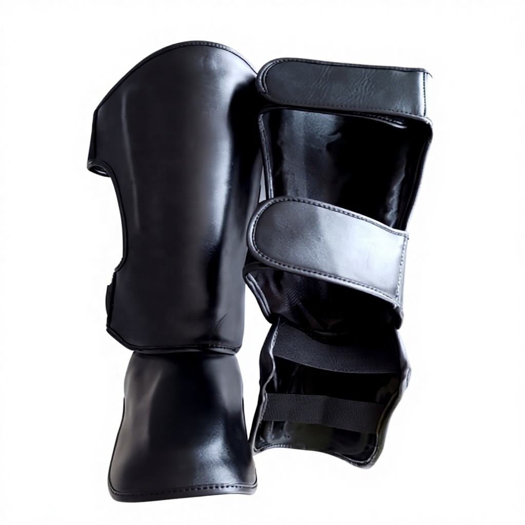 Power Punch Customizable Black Adult Muay Thai Leather Shin Guards Professional Angle 4