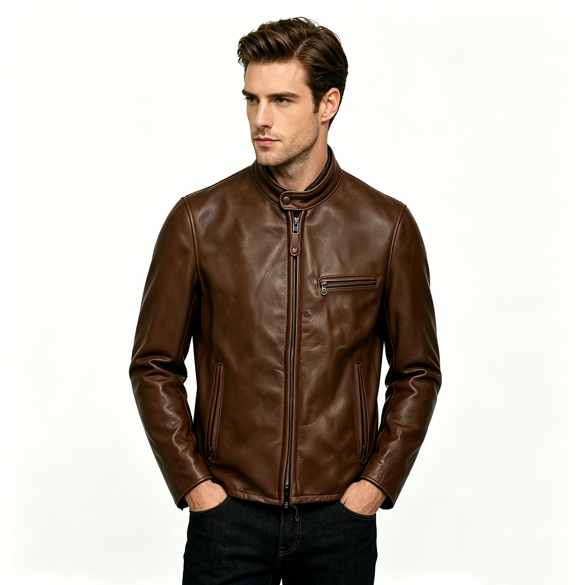 Power Punch Custom Vintage Brown PU Leather Jacket Men Stand Collar Full Zip Cafe Angle 3