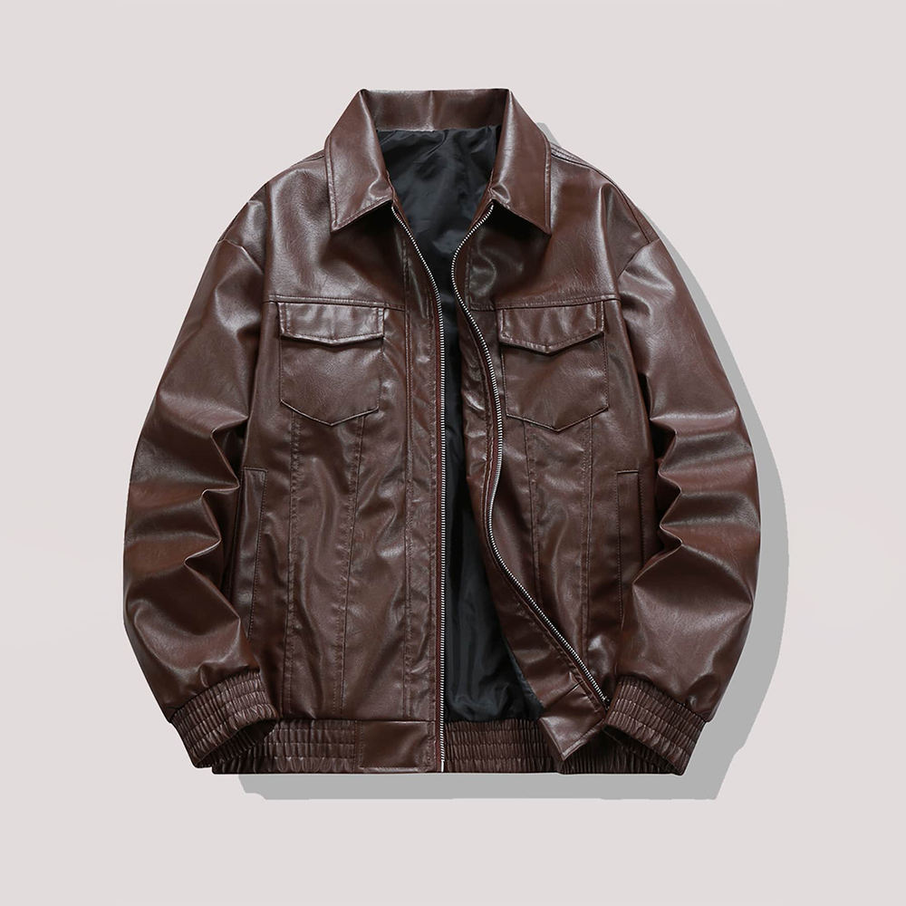 Power Punch Fashion Long Sleeve Loose Fit PU Leather Coat Varsity Biker pilot Jacket Angle 3