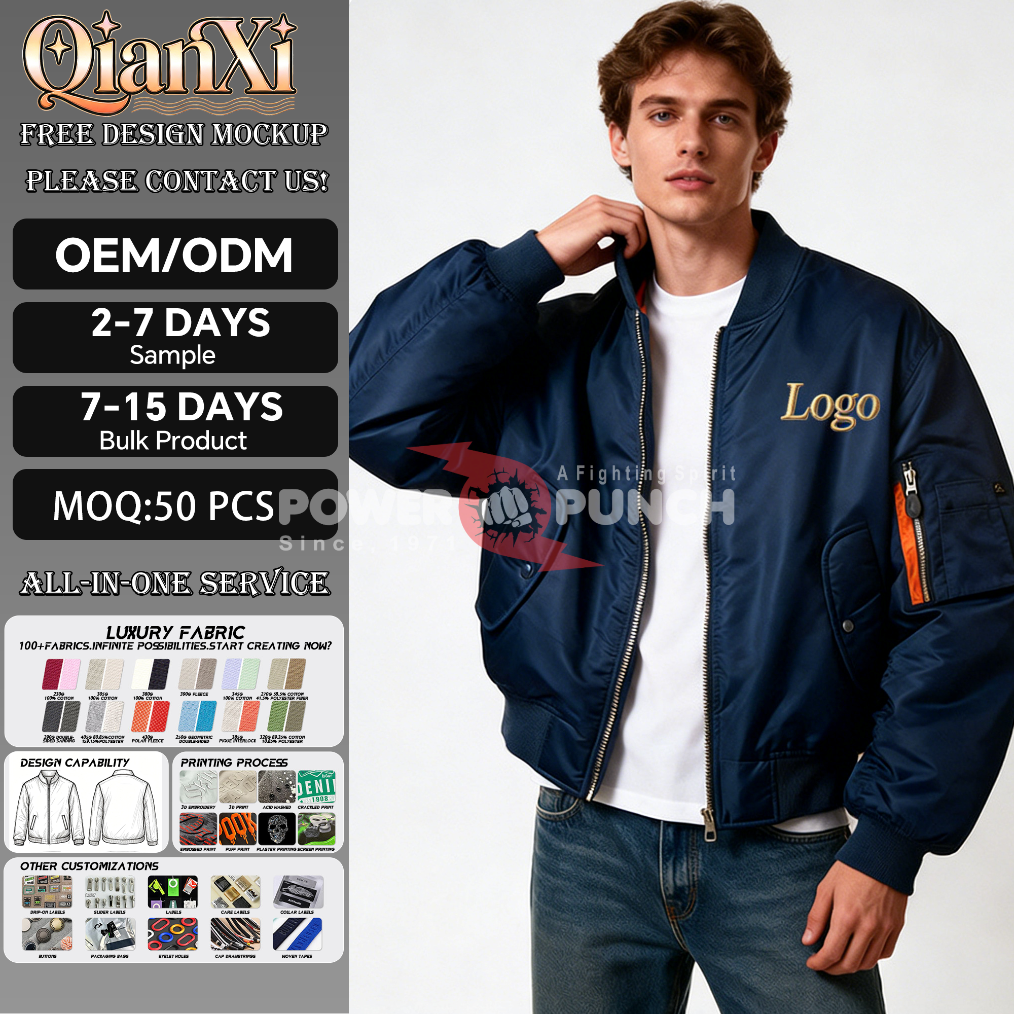 Power Punch Custom Logo Winter Thick Men's Bomber Jacket Pilot Coats Retro MA-1 Angle 2