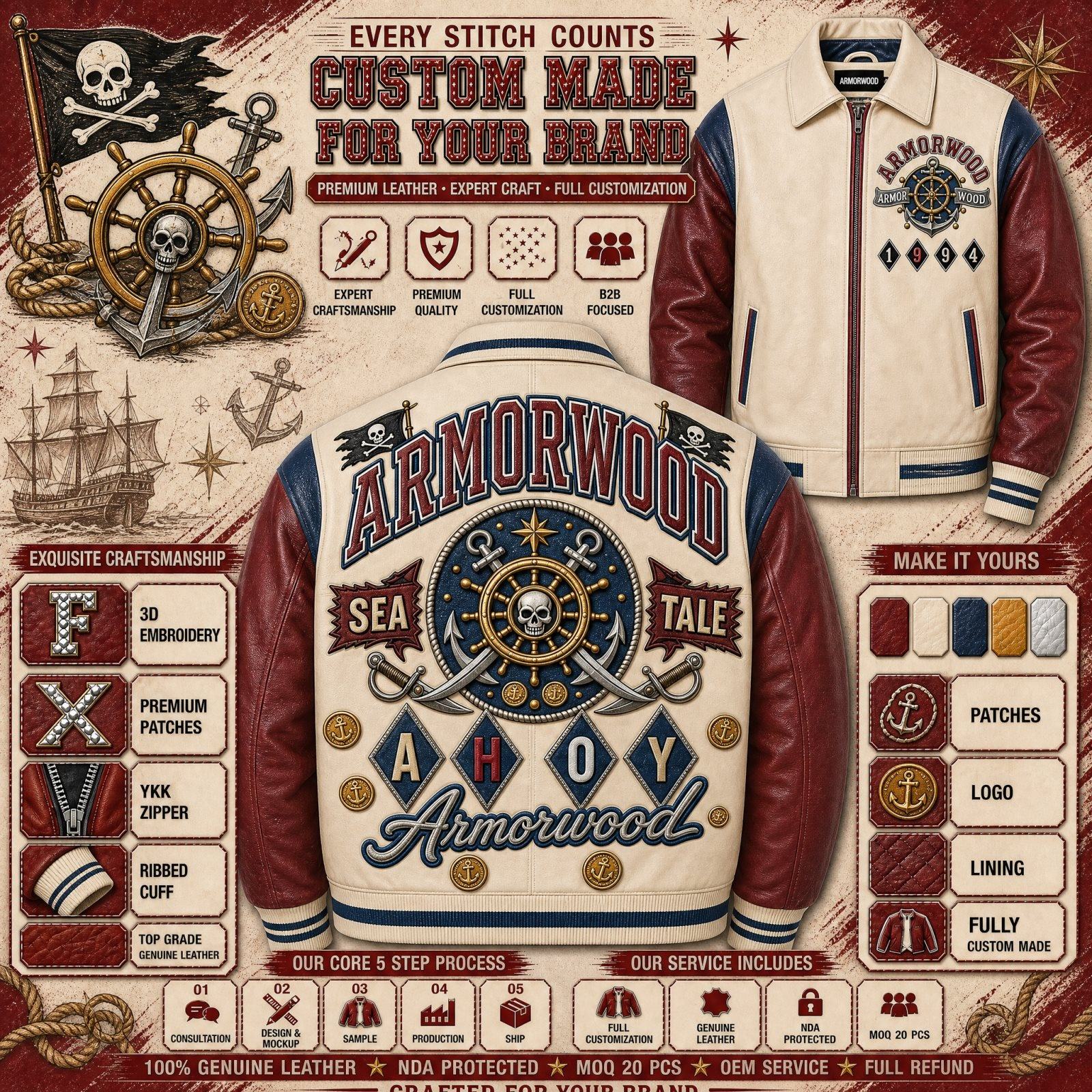 Power Punch Three-Tone Genuine Waxed Leather Varsity Jacket with Applique Patches Angle 5
