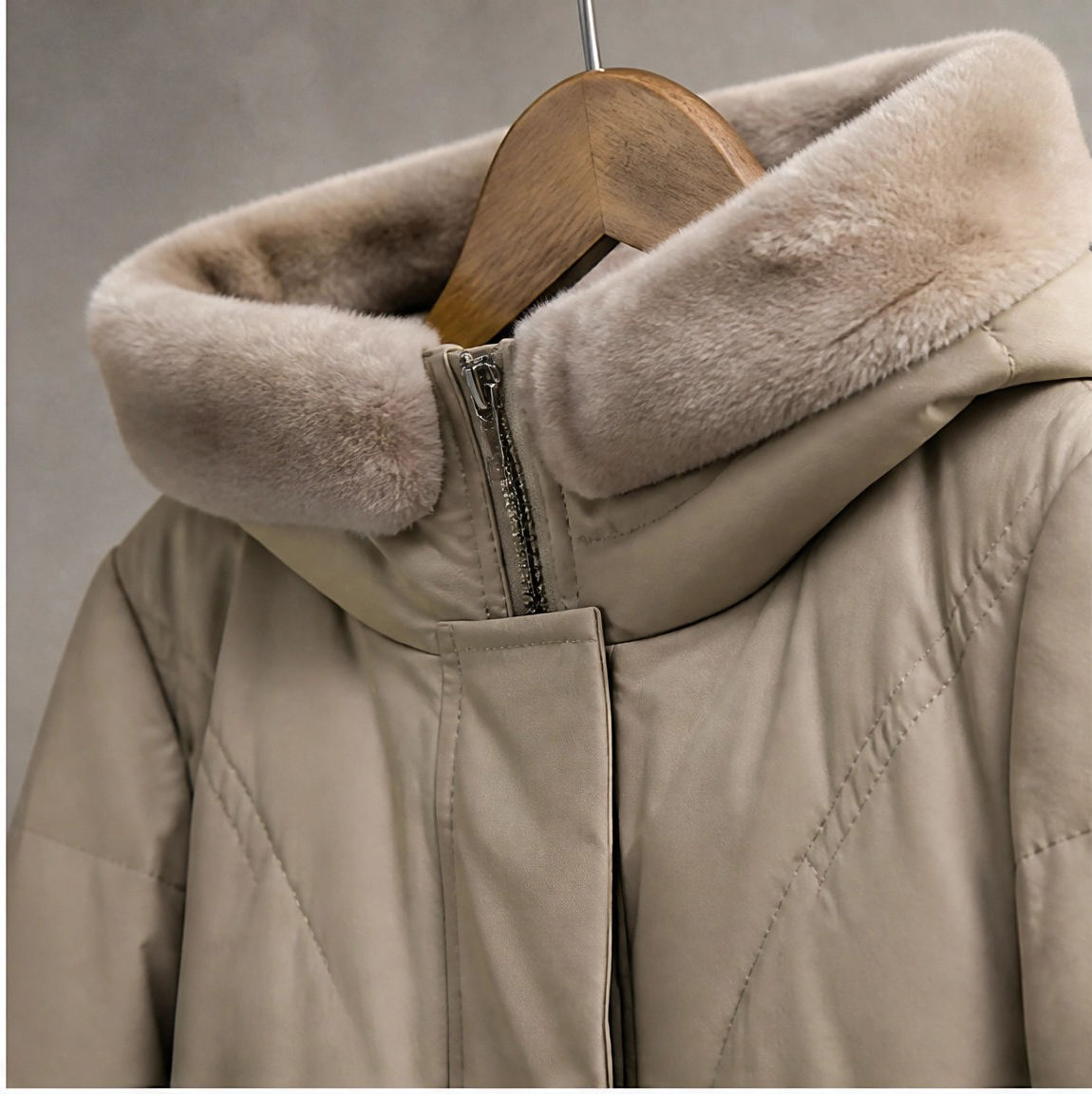 Power Punch Women's Hooded Leather Down Coat, Long Waist Cinching Puffer Jacket Angle 4