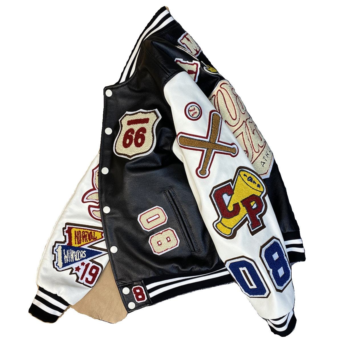Power Punch Trendy Wool Baseball Bomber Varsity Jacket with Leather Sleeves & Letter Patches Angle 5