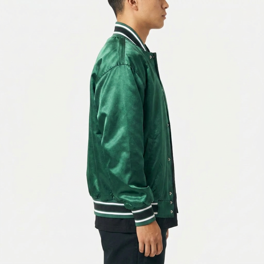 Power Punch Green Shine High Quality Silk Satin Bomber Jacket For Men Custom Design Angle 3