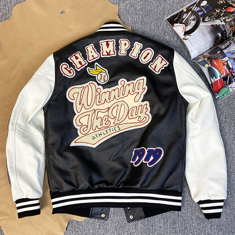 Power Punch Trendy Wool Baseball Bomber Varsity Jacket with Leather Sleeves & Letter Patches Angle 3