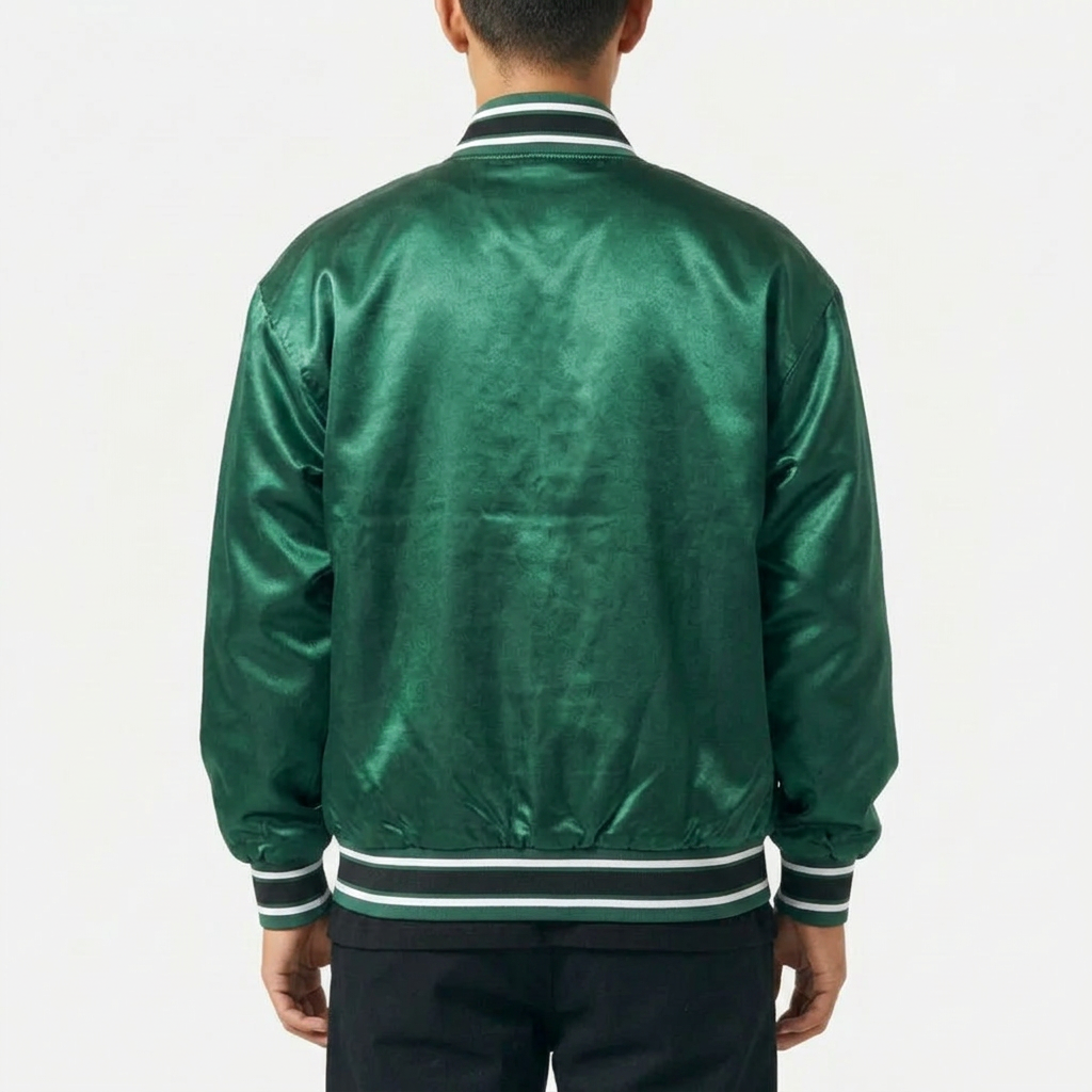 Power Punch Green Shine High Quality Silk Satin Bomber Jacket For Men Custom Design Angle 2