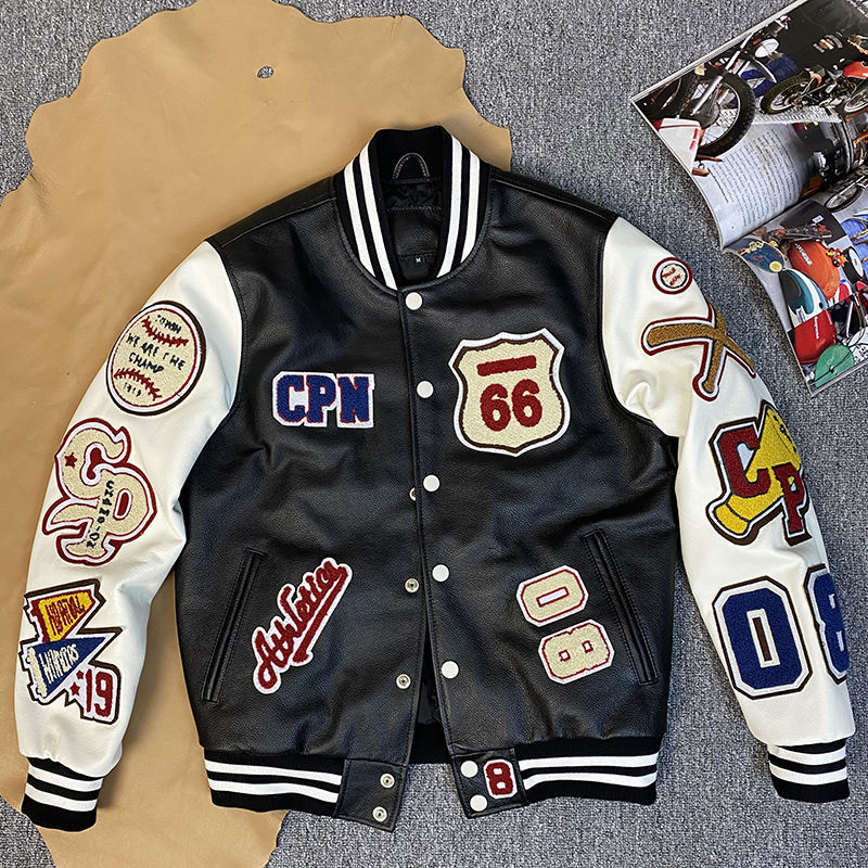 Power Punch Trendy Wool Baseball Bomber Varsity Jacket with Leather Sleeves & Letter Patches Angle 2