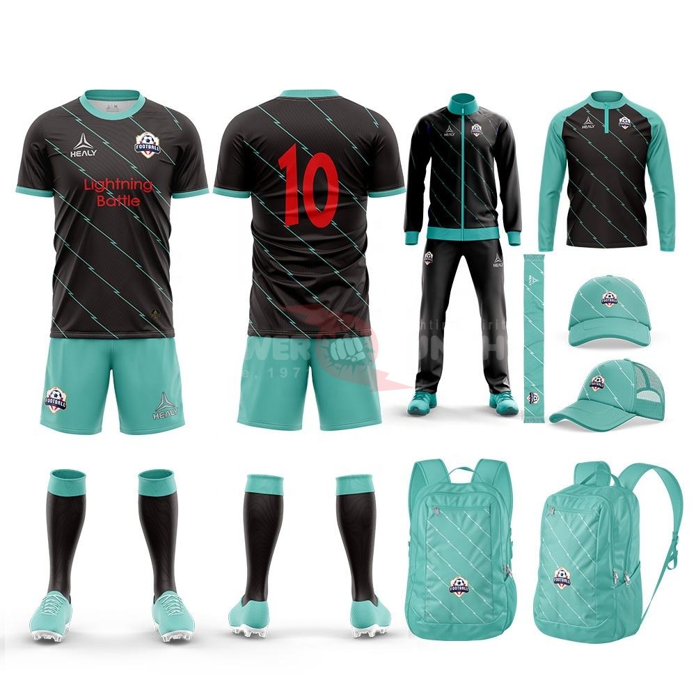 Power Punch High Quality Team Club Soccer Uniforms Football Shirts Two Piece Men Shorts Set Cus