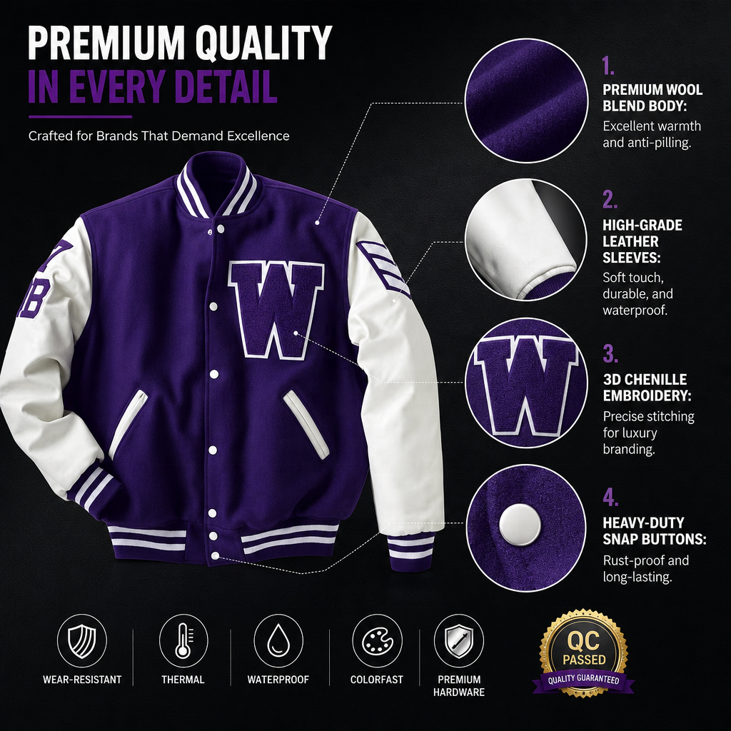 Power Punch Classic Wool & Leather Letterman Varsity Jacket with Embroidered Chenille Patches Angle 4