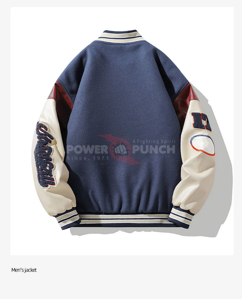 Power Punch Retro-Style Baseball Letterman Varsity Jacket with Embroidered Leather Sleeves Angle 4