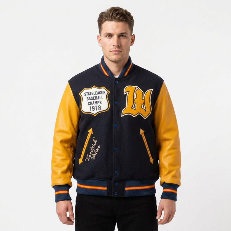 Power Punch Vintage Wool Blend Letterman Baseball Jacket with Chenille Crest Patches Angle 3
