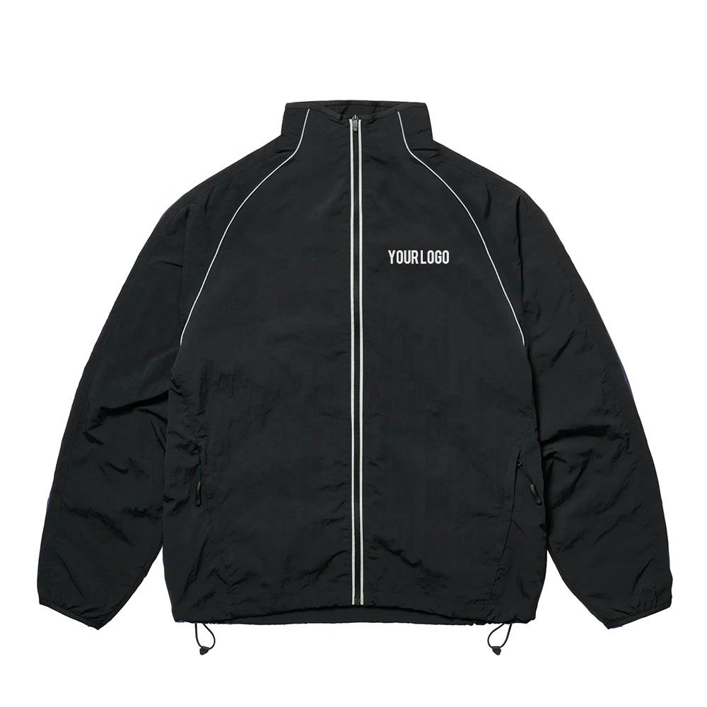 Power Punch Custom Stand Collar Zip up Black Retro Track Jacket Adjustable Hem