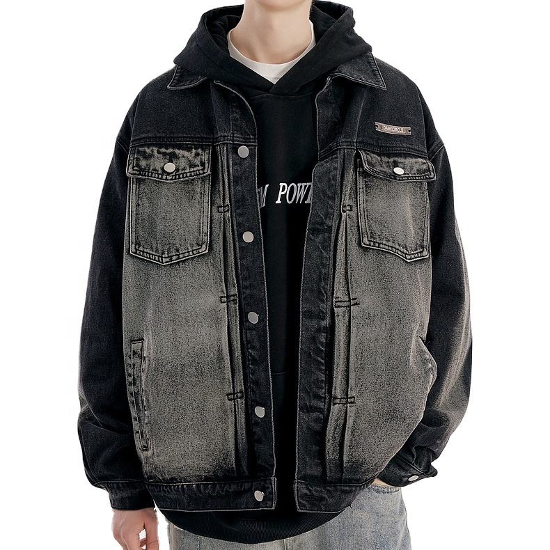 Power Punch Custom Men Vintage Black Stonewashed Coat Streetwear Denim Jacket Unisex