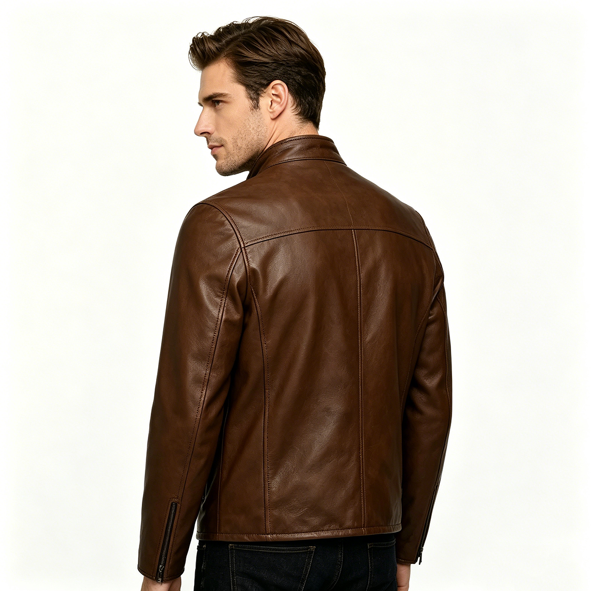 Power Punch Custom Vintage Brown PU Leather Jacket Men Stand Collar Full Zip Cafe Angle 5