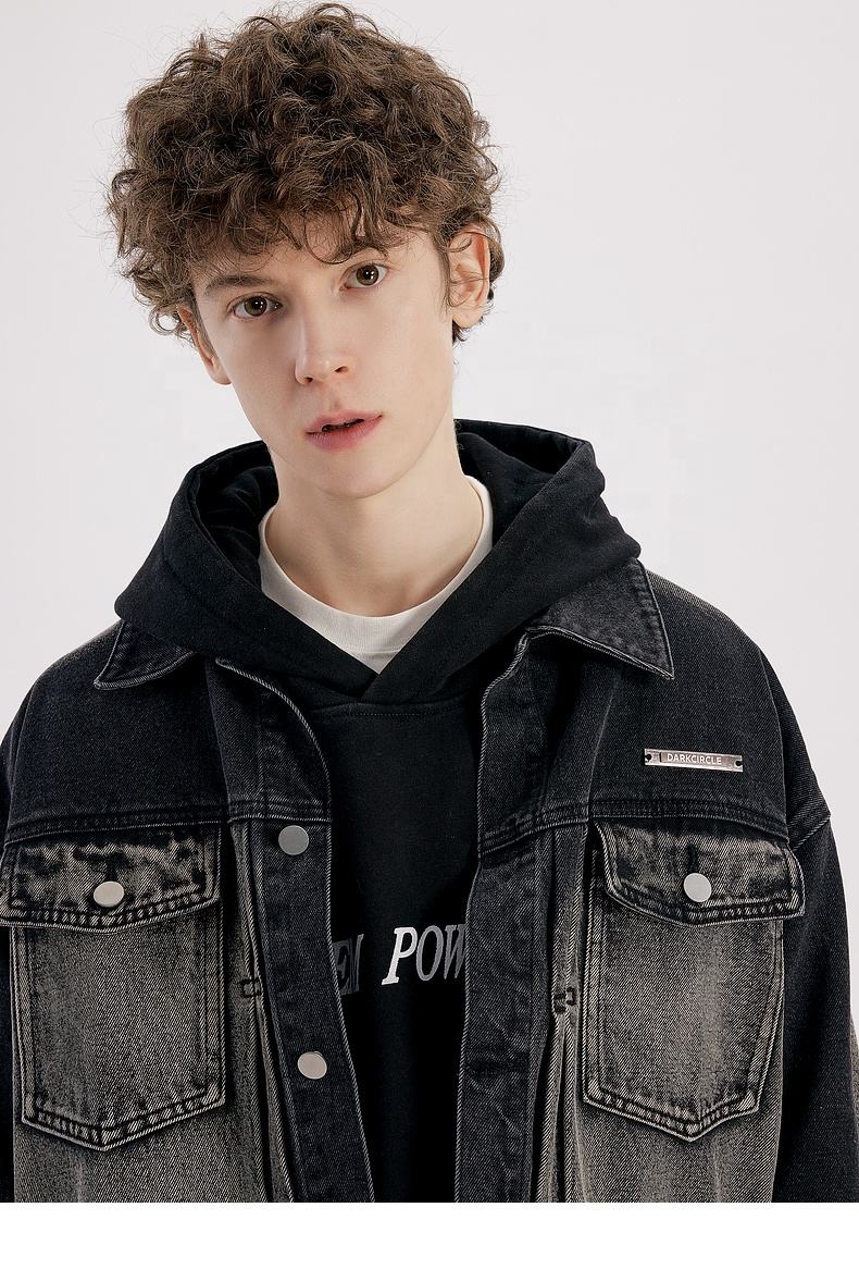 Power Punch Custom Men Vintage Black Stonewashed Coat Streetwear Denim Jacket Unisex Angle 2