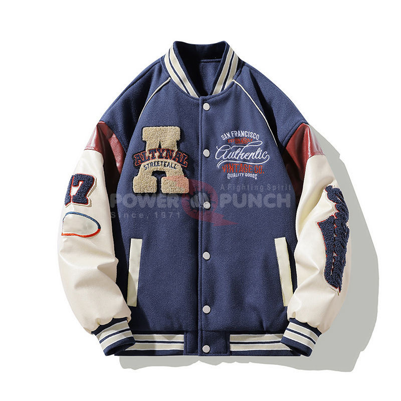 Power Punch Retro-Style Baseball Letterman Varsity Jacket with Embroidered Leather Sleeves Angle 2