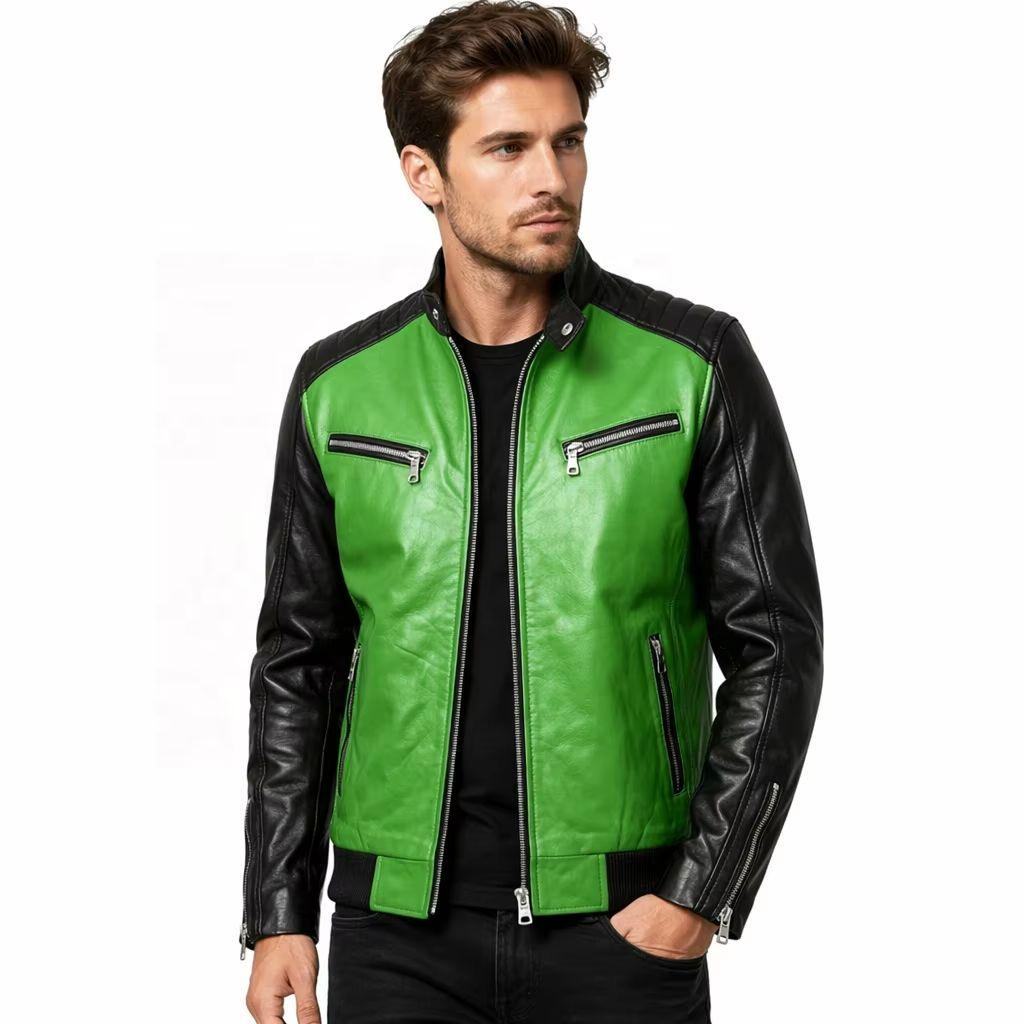 Power Punch Custom Color Block Cafe Racer Jacket OEM Top Grain Cowhide Diamond