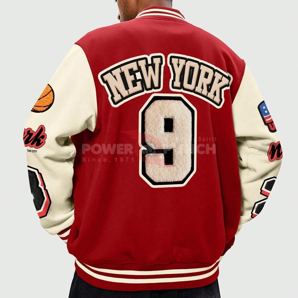 Power Punch Rainbow Spray Streetwear Color-Block Varsity Jacket with Embroidered Badges Angle 2