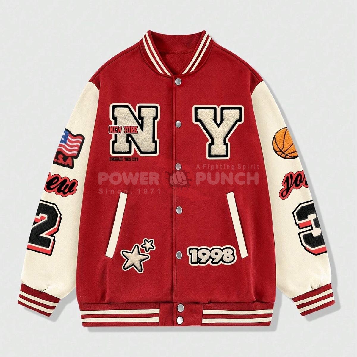 Power Punch Rainbow Spray Streetwear Color-Block Varsity Jacket with Embroidered Badges Angle 3