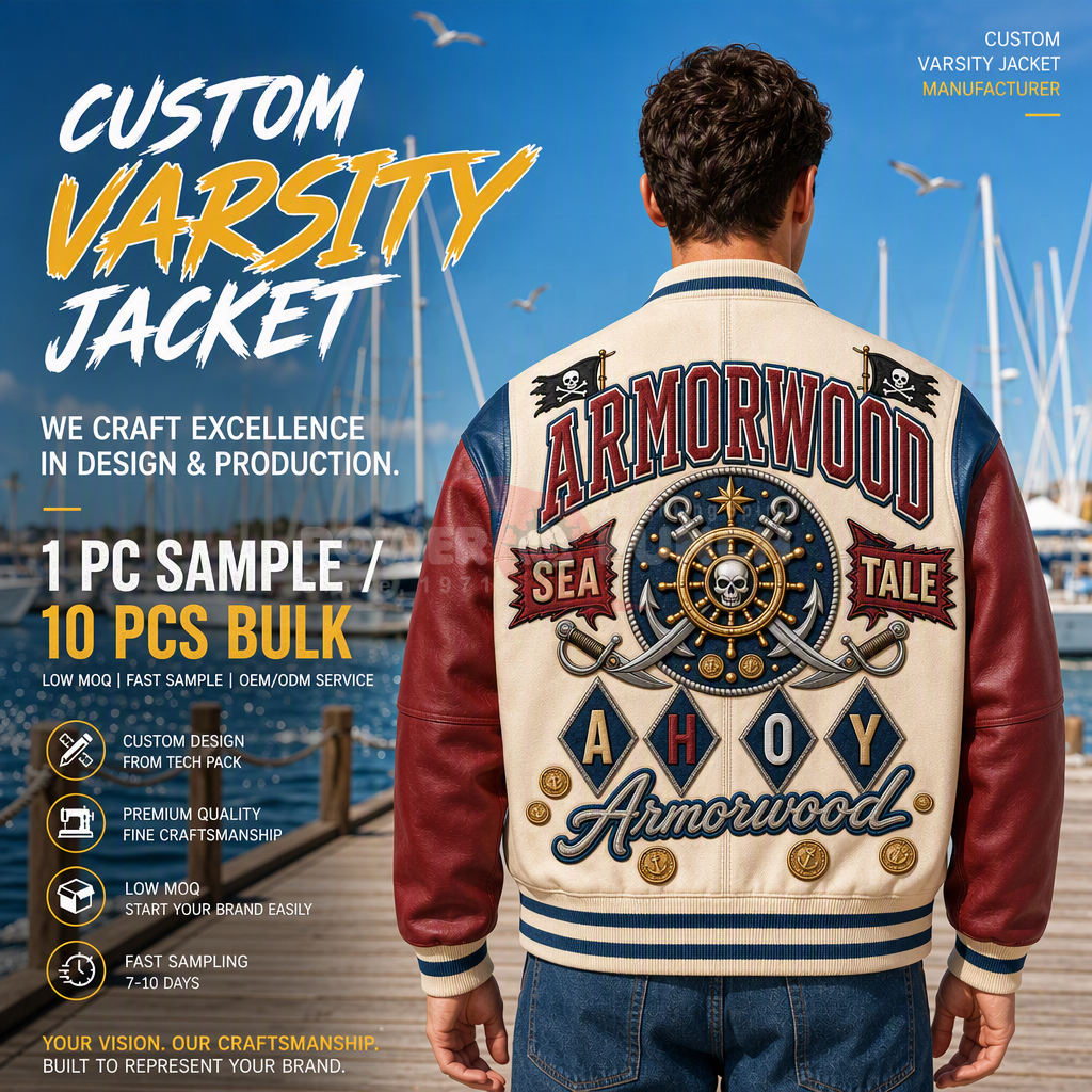 Power Punch Three-Tone Genuine Waxed Leather Varsity Jacket with Applique Patches Angle 2