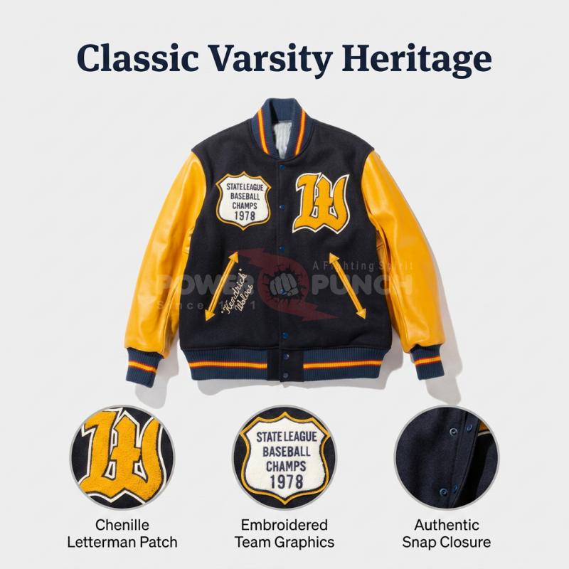 Power Punch Vintage Wool Blend Letterman Baseball Jacket with Chenille Crest Patches