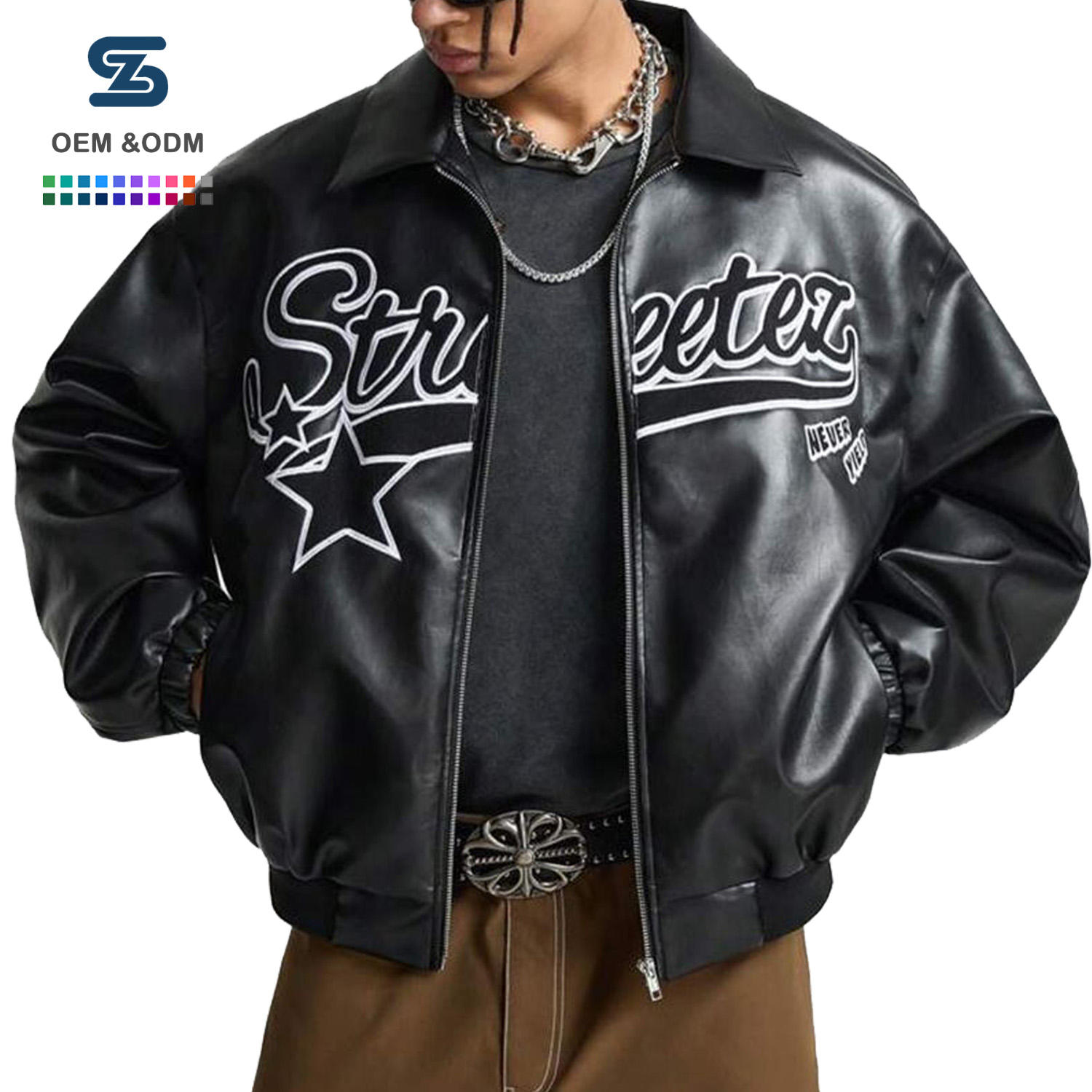 Power Punch Men's Sheep Skin Leather Zip-up Long Sleeve Jacket with Embroidered