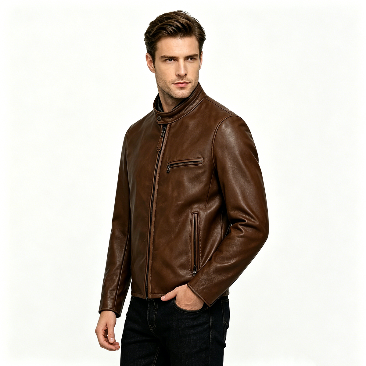 Power Punch Custom Vintage Brown PU Leather Jacket Men Stand Collar Full Zip Cafe Angle 2