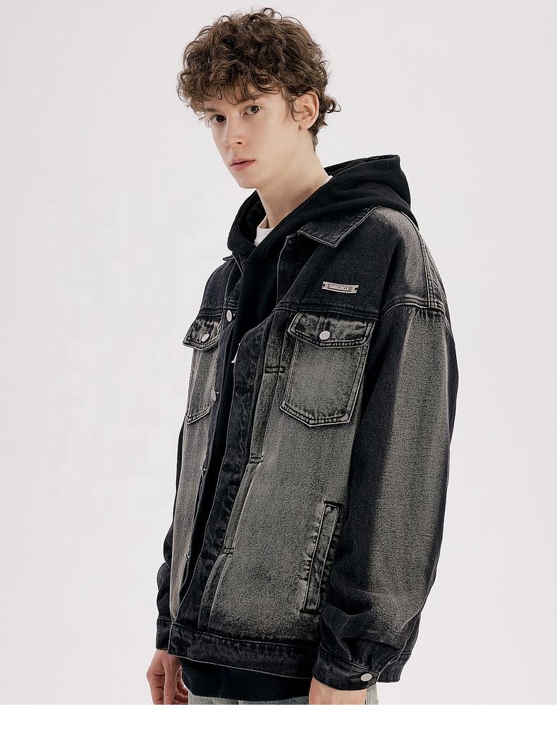 Power Punch Custom Men Vintage Black Stonewashed Coat Streetwear Denim Jacket Unisex Angle 3