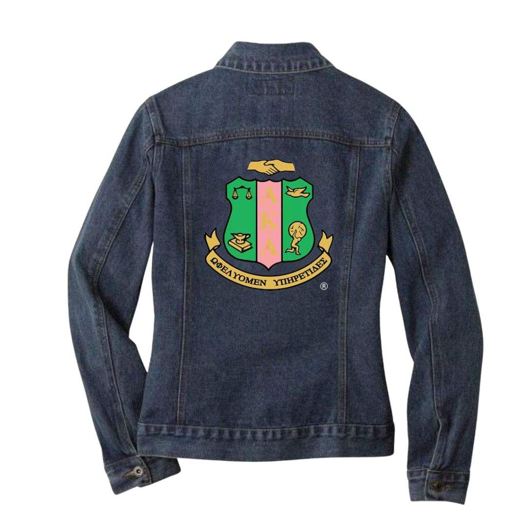 Power Punch Dark Blue Women Denim Jacket with Large Green and Gold Embroidered Crest Angle 5