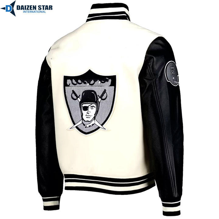 Power Punch Raiders Black-on-Black Letterman Varsity Jacket with Embroidered Sleeve Patches Angle 2