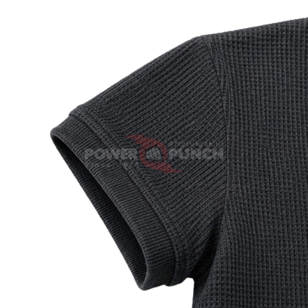 Power Punch Men Customized Charcoal Gray Waffle Knit Quarter Zip Polo Shirt with Sky Blue Arc P - Angle 5