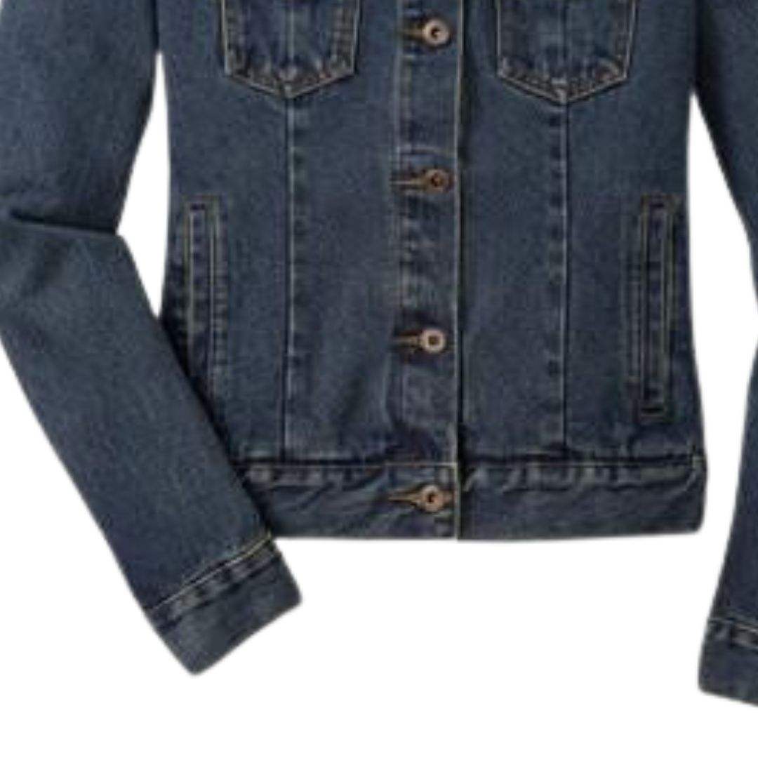Power Punch Dark Blue Women Denim Jacket with Large Green and Gold Embroidered Crest Angle 3