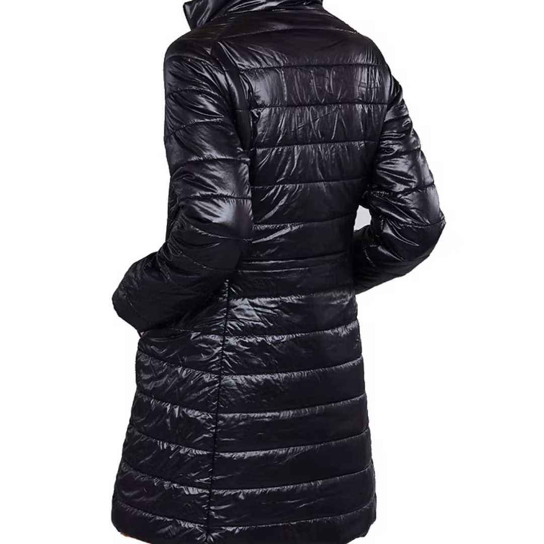 Power Punch Jack and Jill Long Black Packable Jacket Women Lightweight Quilted Puffer Angle 2