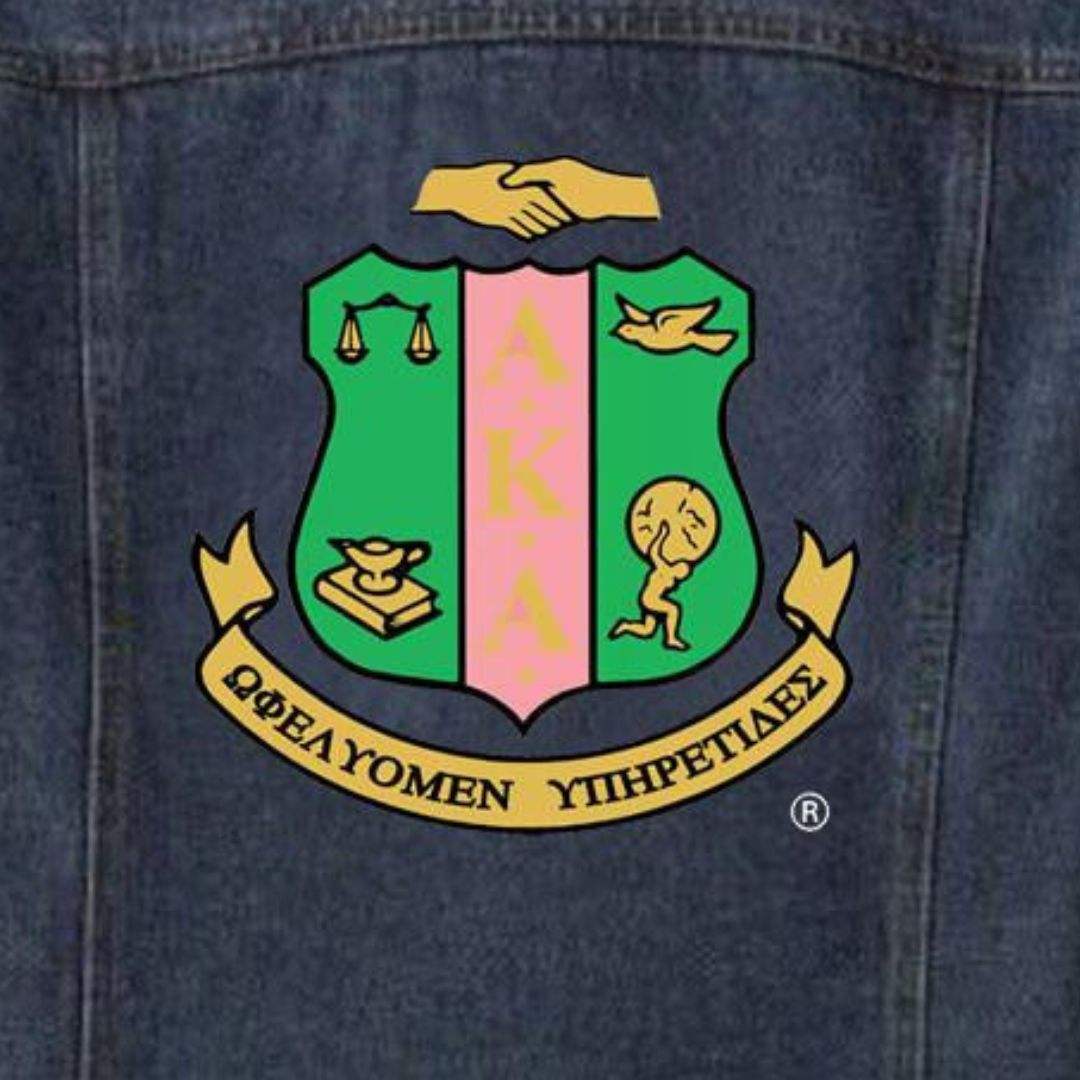 Power Punch Dark Blue Women Denim Jacket with Large Green and Gold Embroidered Crest Angle 4