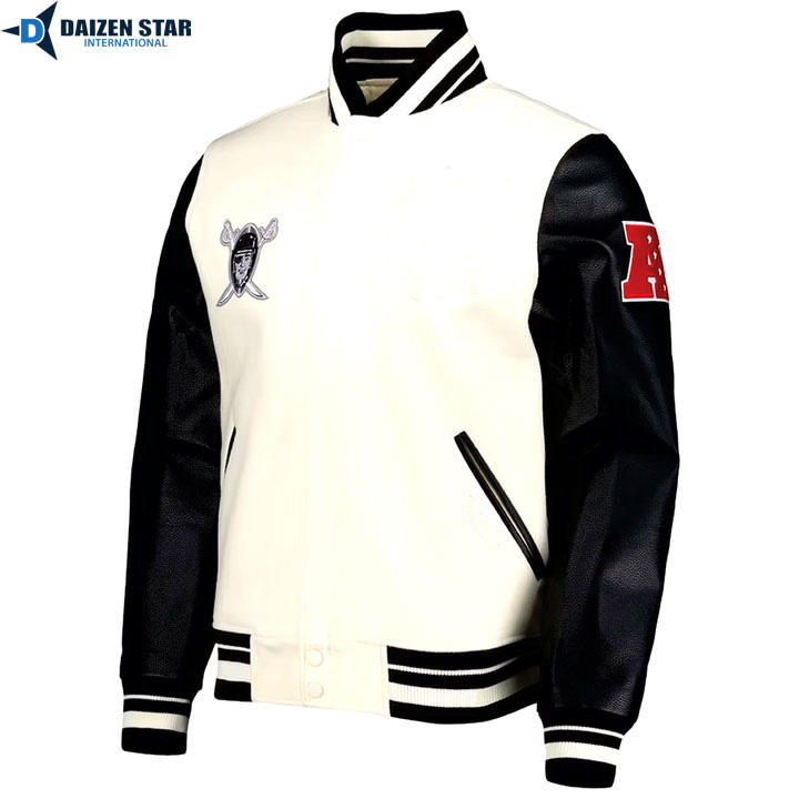 Power Punch Raiders Black-on-Black Letterman Varsity Jacket with Embroidered Sleeve Patches Angle 3