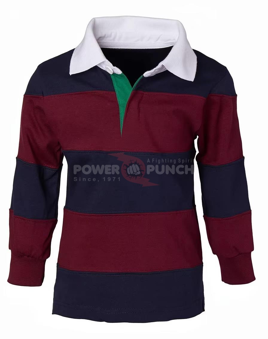 Power Punch Custom OEM Oversized Striped Rugby Shirts Polyester Short V-neck Embroidered Vintag