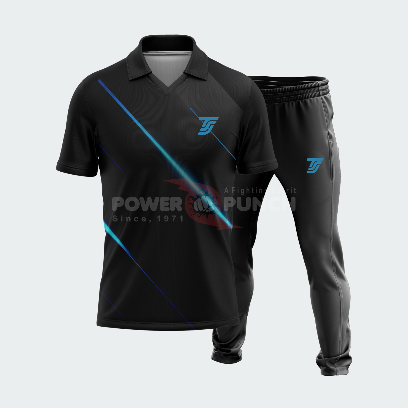 Power Punch Cricket Jersey and Trouser Uniform with Short Sleeve Elastic Waist Customizable Opt - Angle 3