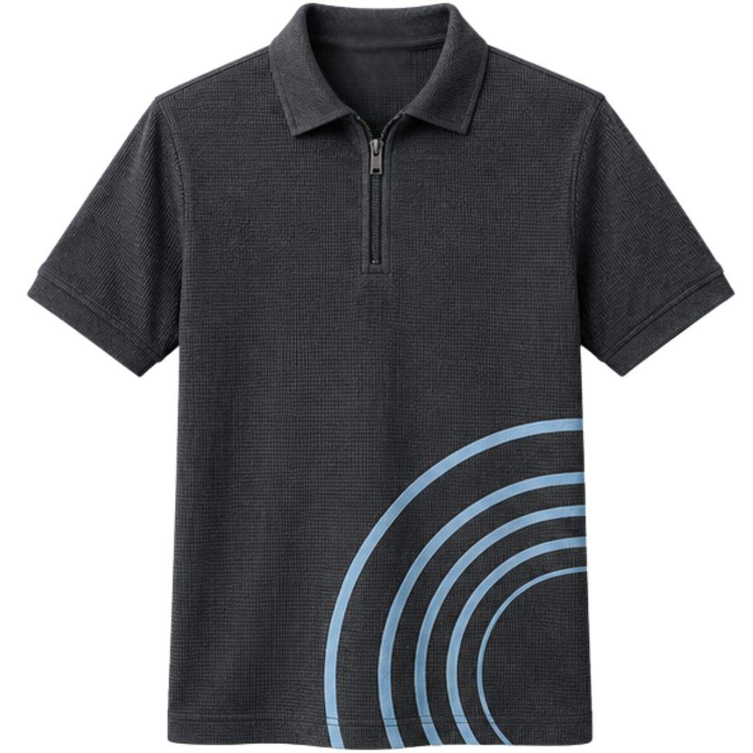 Power Punch Men Customized Charcoal Gray Waffle Knit Quarter Zip Polo Shirt with Sky Blue Arc P