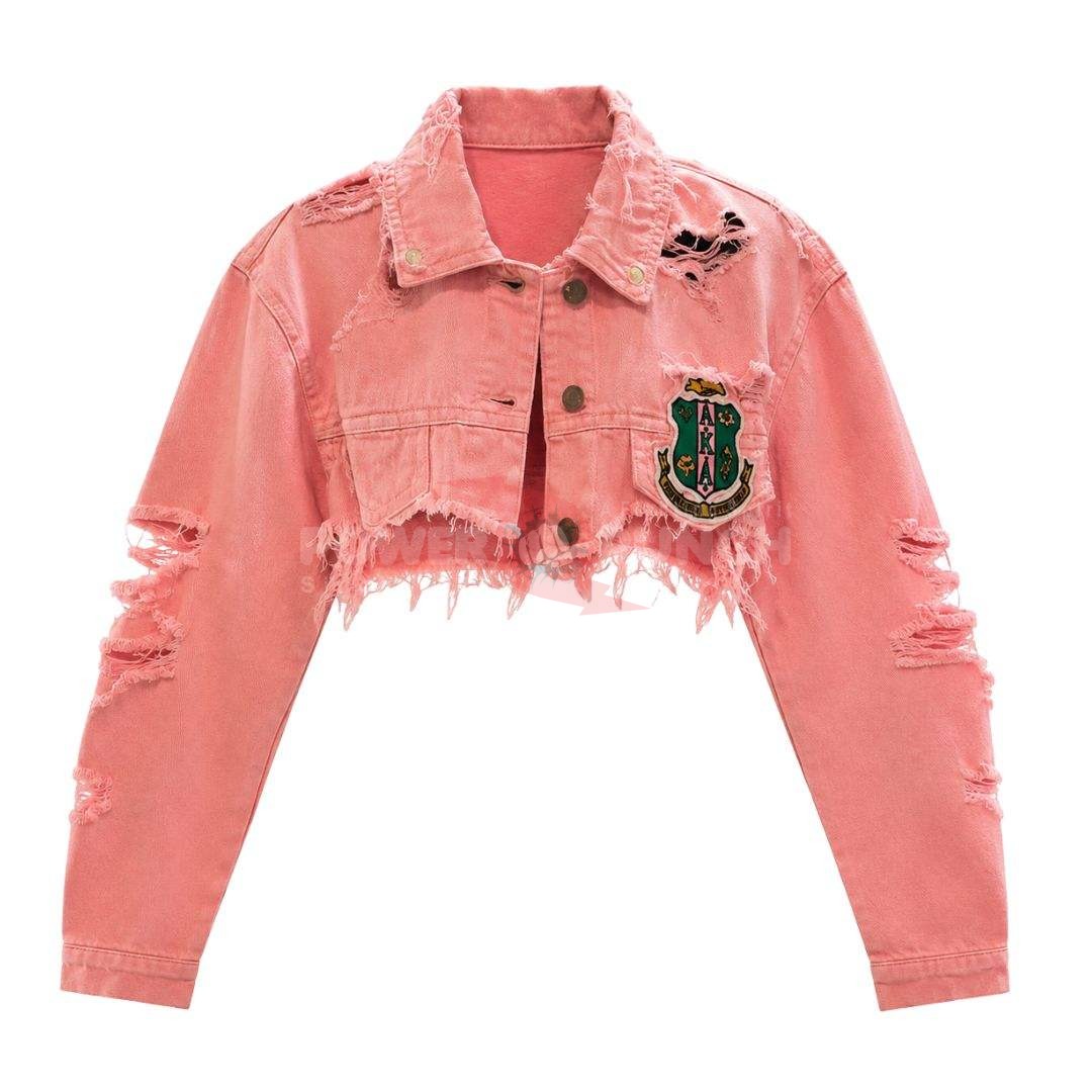 Power Punch Pink Distressed Denim Cropped Bolero Jacket Women Long Sleeve Casual