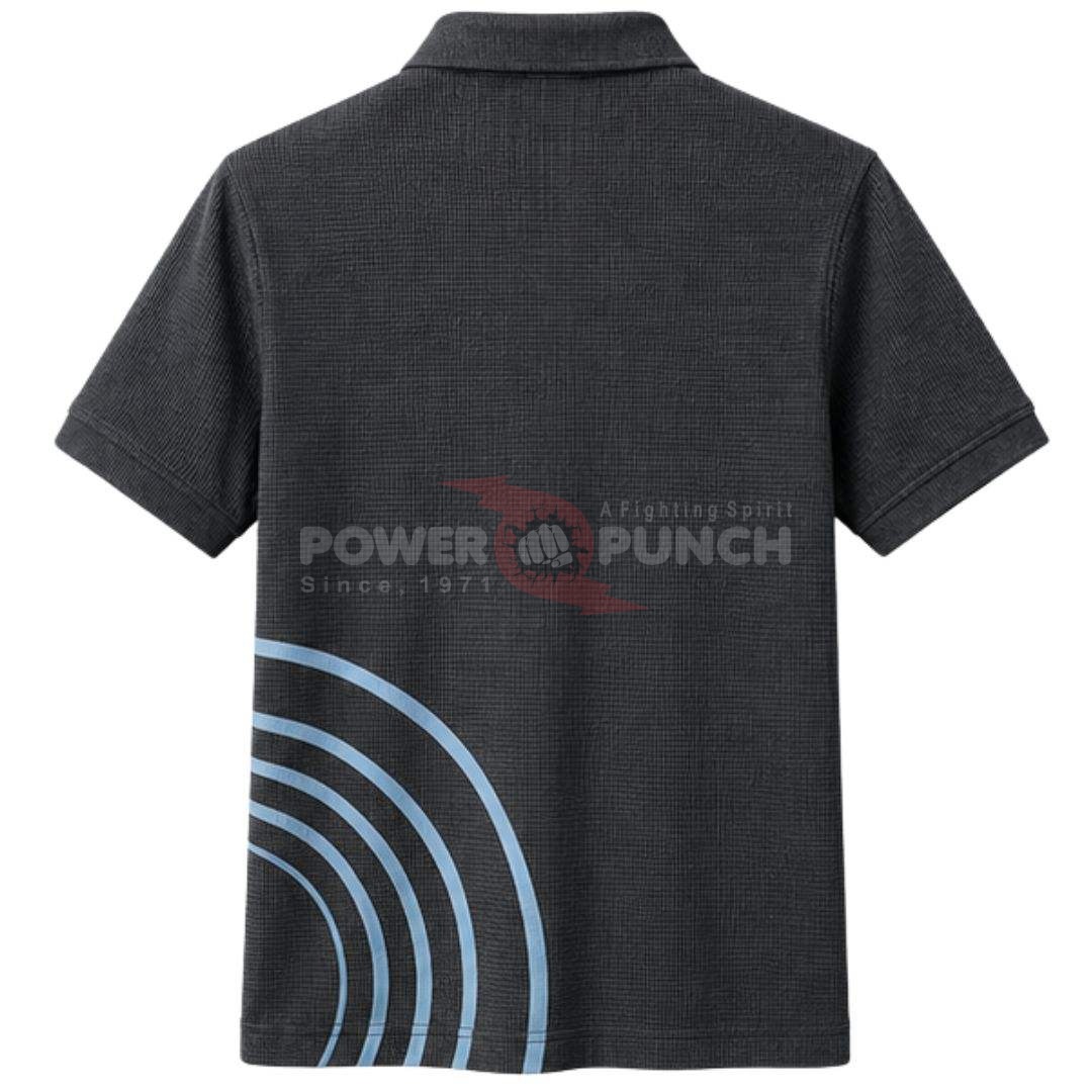 Power Punch Men Customized Charcoal Gray Waffle Knit Quarter Zip Polo Shirt with Sky Blue Arc P - Angle 2