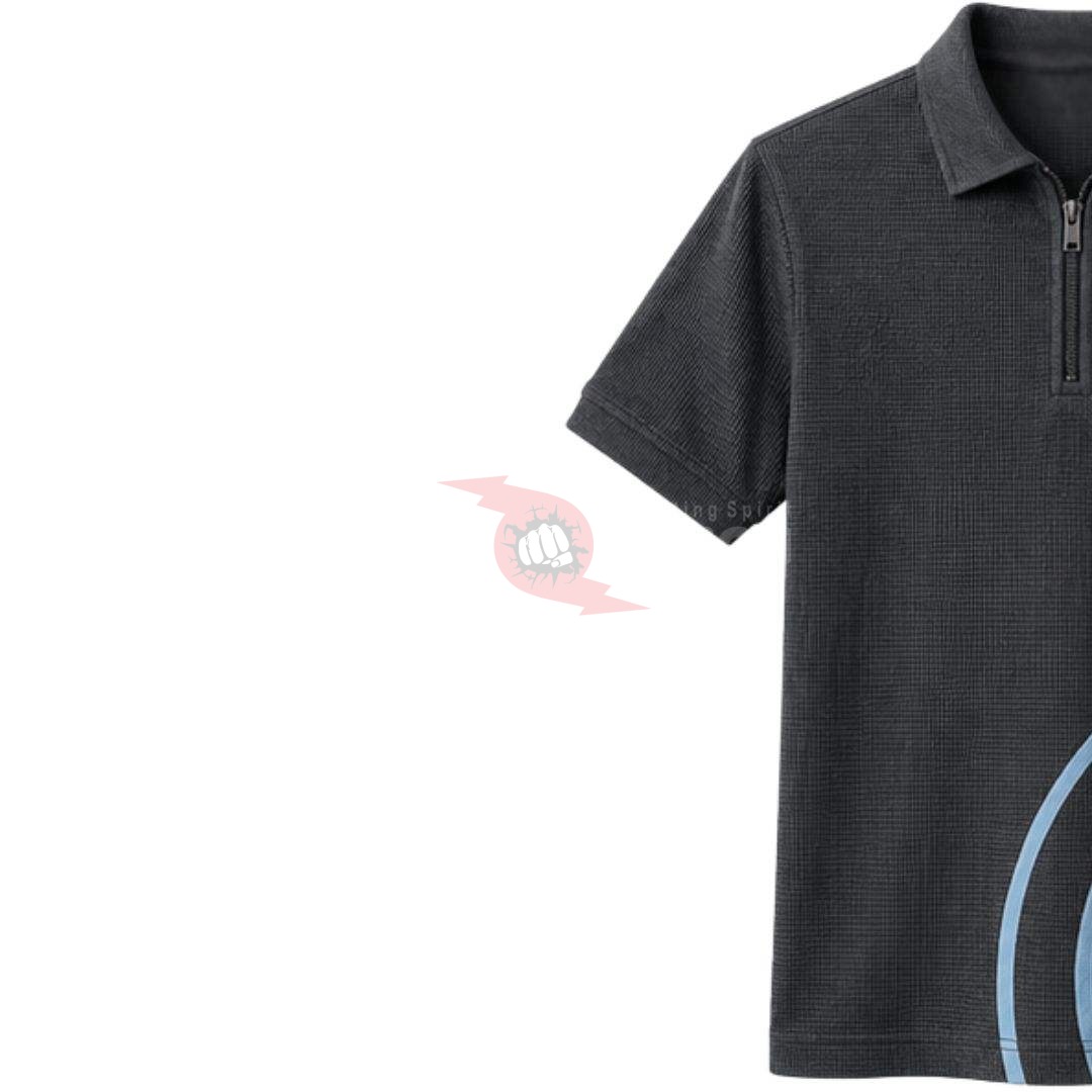 Power Punch Men Customized Charcoal Gray Waffle Knit Quarter Zip Polo Shirt with Sky Blue Arc P - Angle 3