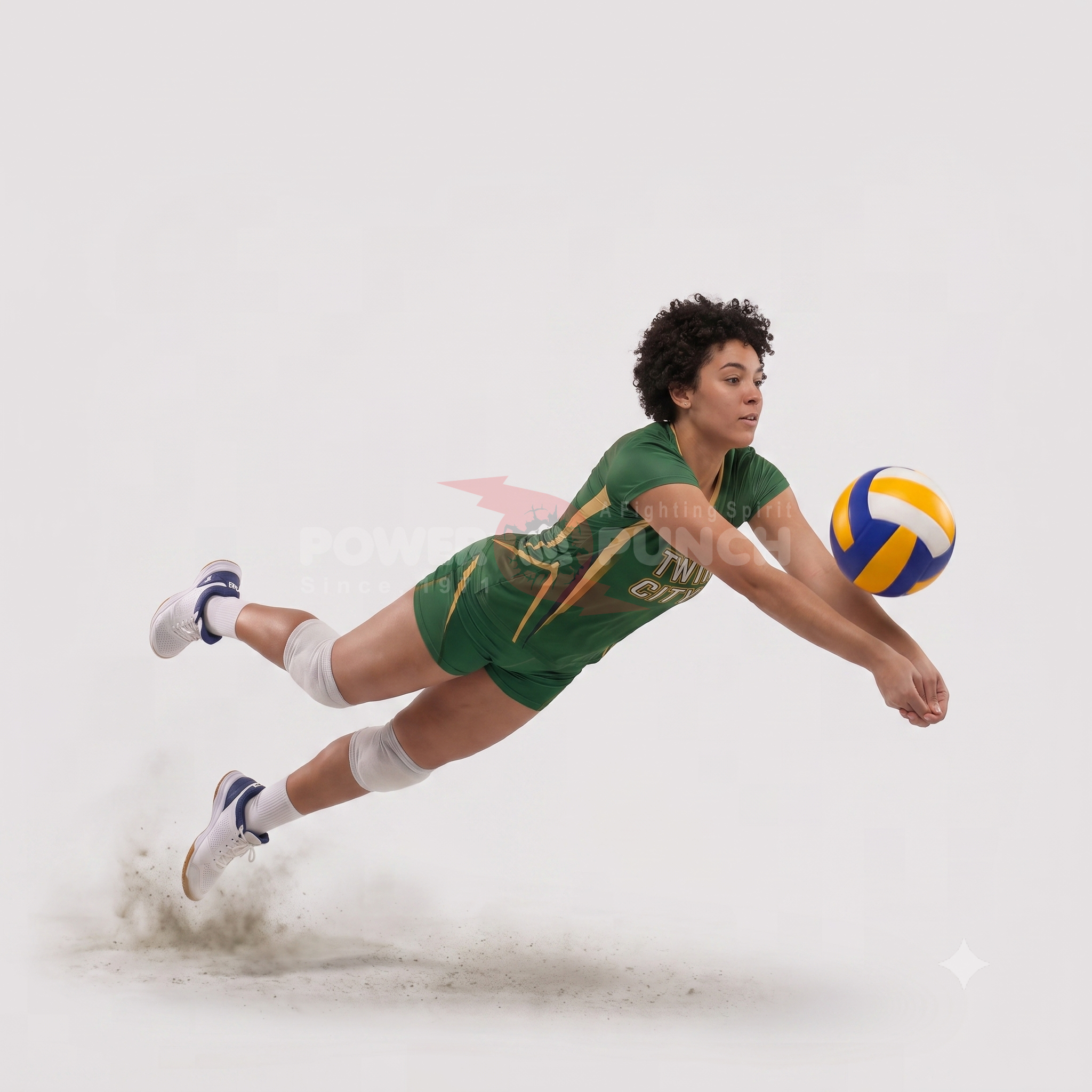 Power Punch Women x27 s Green Volleyball Uniform With Gold Trim Breathable Polyester Team Jerse