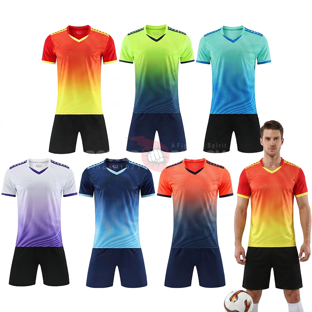 Power Punch Men x27 s Gradient Soccer Jersey Set V-Neck Short Sleeve Polyester Elastic Waist Qu