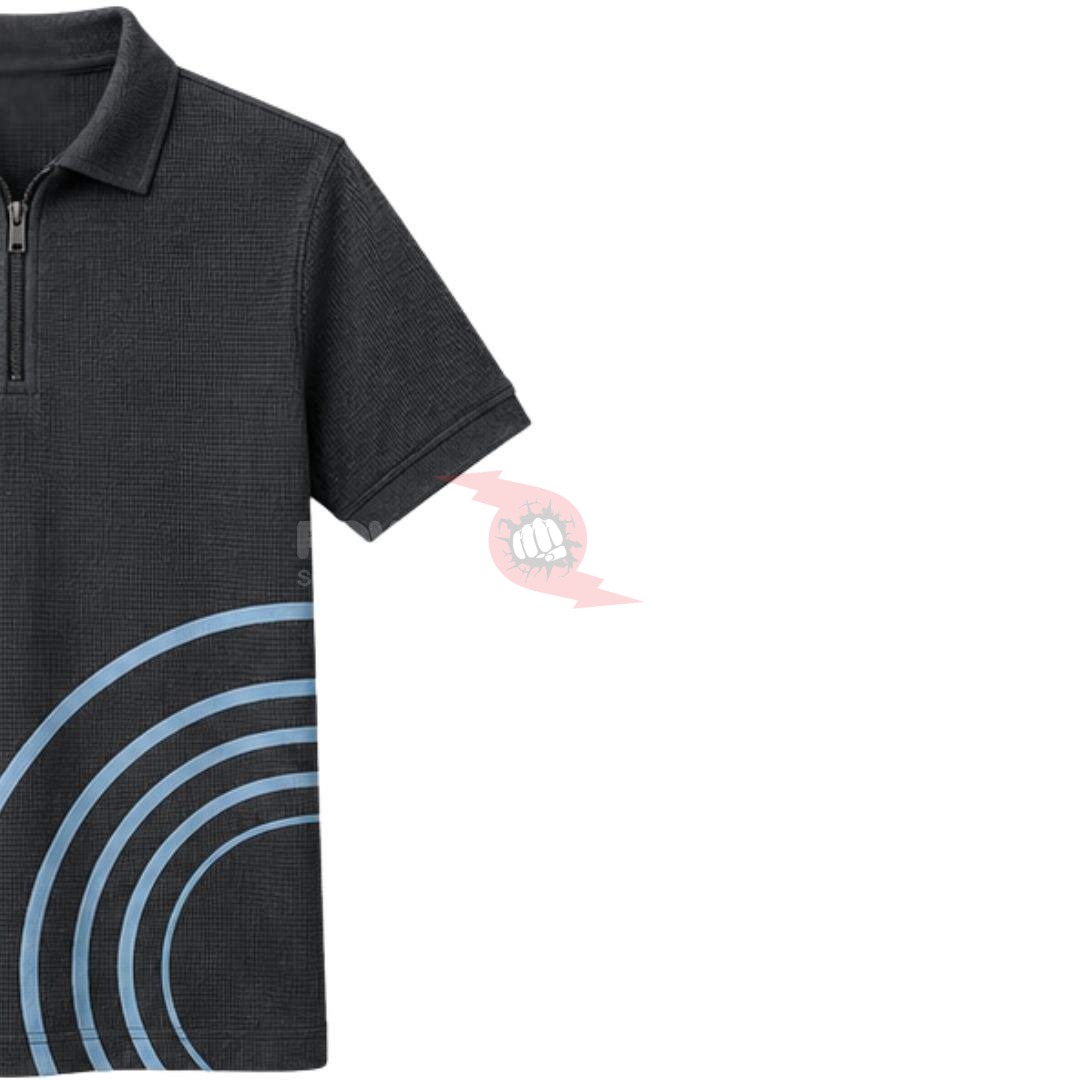 Power Punch Men Customized Charcoal Gray Waffle Knit Quarter Zip Polo Shirt with Sky Blue Arc P - Angle 4