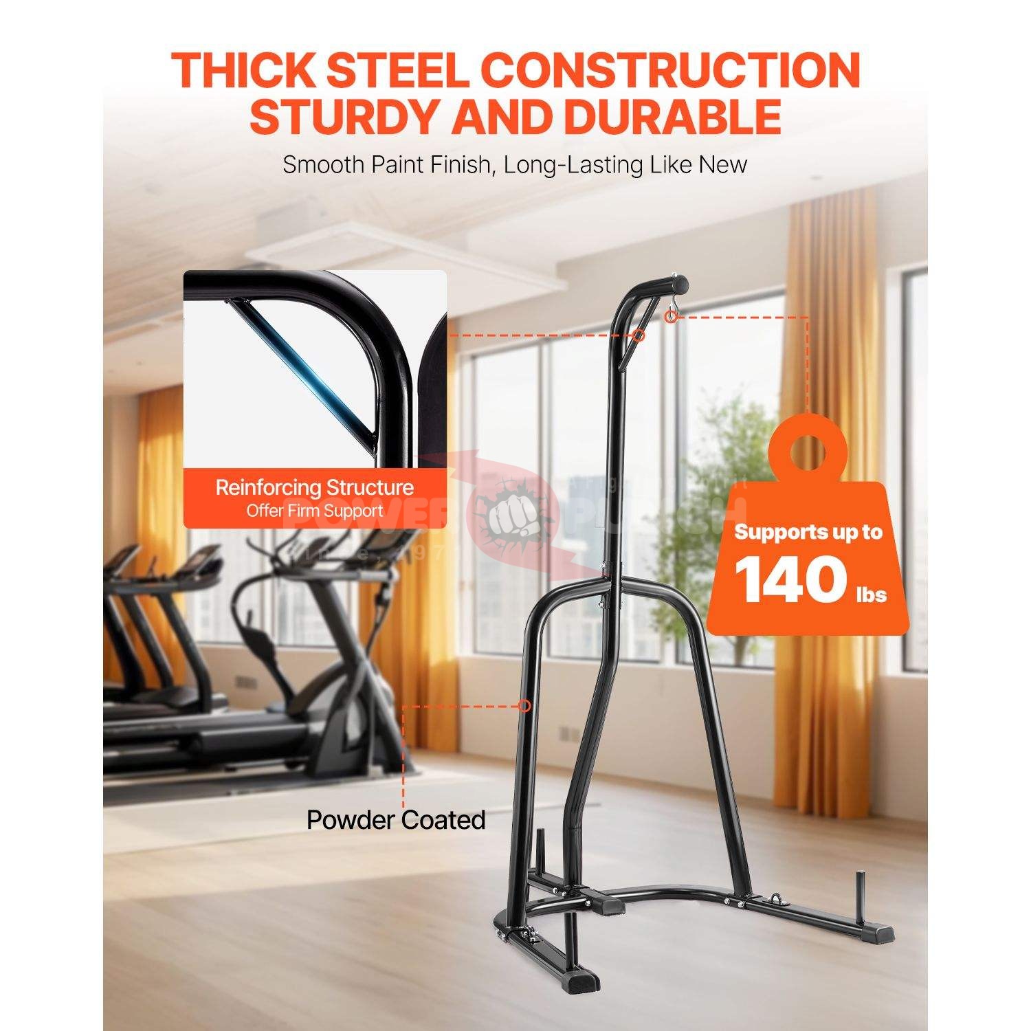 Power Punch Steel Heavy-Duty Punching Bag Stand 140 Lbs Capacity Freestanding Sandbag Angle 2